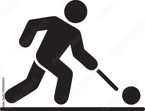 Field hockey player dribbling ball icon, sport training action black silhouette vector symbol