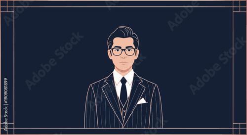 Art deco styled businessman portrait in elegant suit on blue background