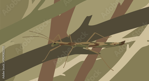 Camouflaged Stick Insect on Twig, Nature Wildlife, Insect Camouflage