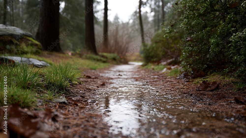 Fototapeta premium A wet forest path glistens with puddles after rain surrounded by trees and greenery