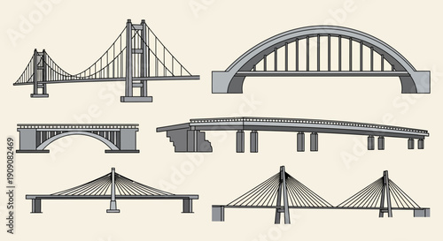 Collection of diverse bridge designs: suspension, arch, cable-stayed, and more