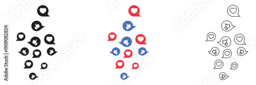 Social Media Like and Heart Icons Set. Collection of like and heart icons in speech bubbles, featuring black, blue, red, and outline styles for social media design.

