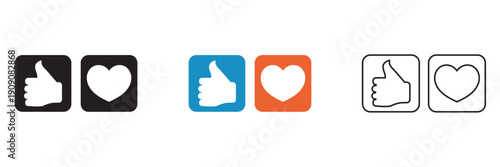 Social Media Like and Heart Icons Set. Collection of like and heart icons in speech bubbles, featuring black, blue, red, and outline styles for social media design.

