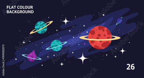 Colorful Planets and Stars in Outer Space - Flat Design Galaxy Illustration