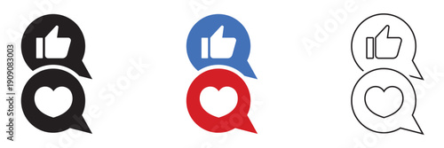 Social Media Like and Heart Icons Set. Collection of like and heart icons in speech bubbles, featuring black, blue, red, and outline styles for social media design.

