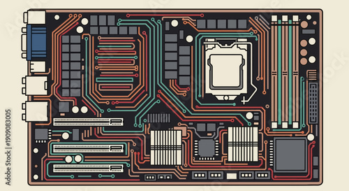 Computer Motherboard with Colorful Circuits and Components - Technology Concept