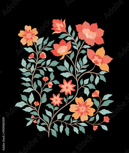 Mughal Floral Branch in Bright Pastel Colors on Black Background, Traditional Oriental Botanical Ornament, Vintage Islamic Vector Illustration