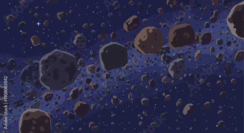 Cosmic Asteroid Belt in Deep Space with Stars and Nebula