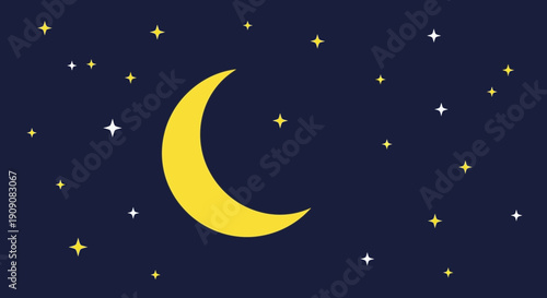 Crescent Moon and Stars on Dark Blue Night Sky