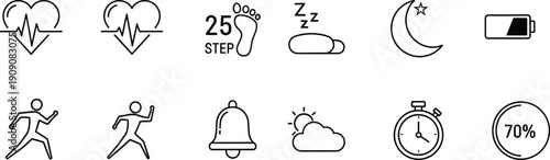 A collection of health and fitness icons for smartwatches and applications in a minimalist line art style
