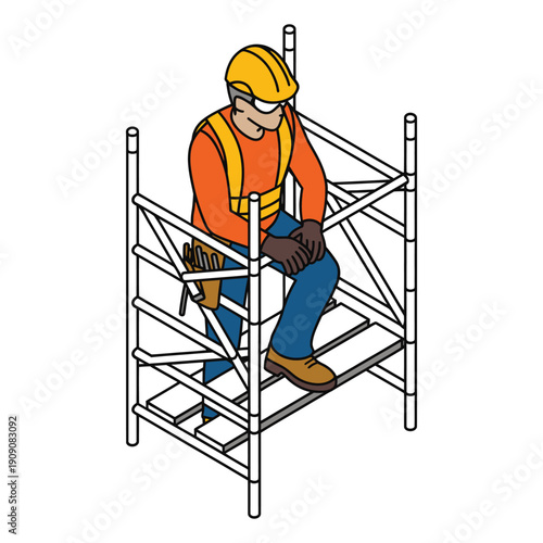 A construction worker sitting on scaffolding wearing safety gear and taking a break