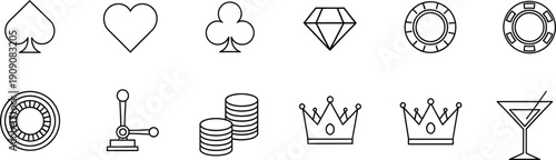 A collection of line art icons representing casino gambling and related luxury items for design projects