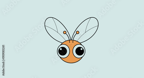 Cute cartoon bee with big eyes and transparent wings on pastel background