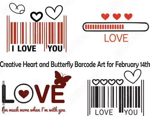 Creative barcode inspired designs featuring hearts, butterflies, and love messages on a white background