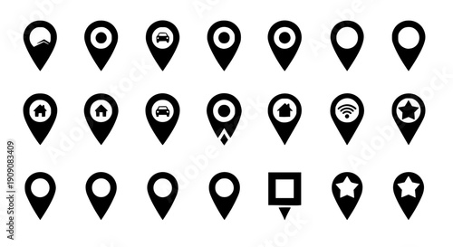 Black map pin icons with various symbols, for website or app navigation, location markers isolated PNG with Transparent Background
