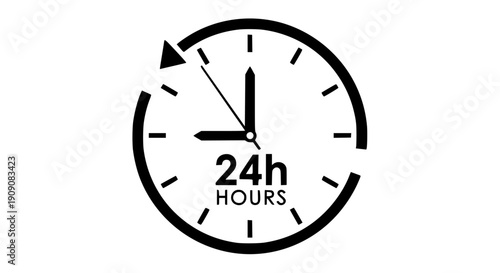 24 hour clock icon, vector illustration of round clock face with 24h hours text, for website or app UI, overlay effect isolated PNG with Transparent Background