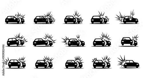 Vector car crash icons, explosion effects, transportation symbols, for design or mockup, traffic accident illustrations isolated PNG with Transparent Background
