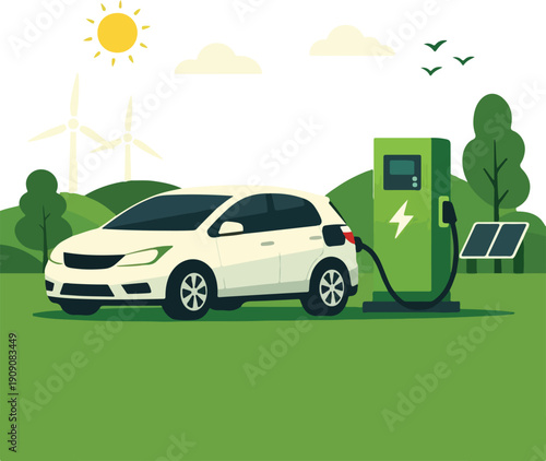 EV Charging Station Sustainable Energy Flat Vector Illustration featuring Electric Vehicle Power Point with Solar Panels and Green Nature Elements for Eco-Friendly Transport Design
