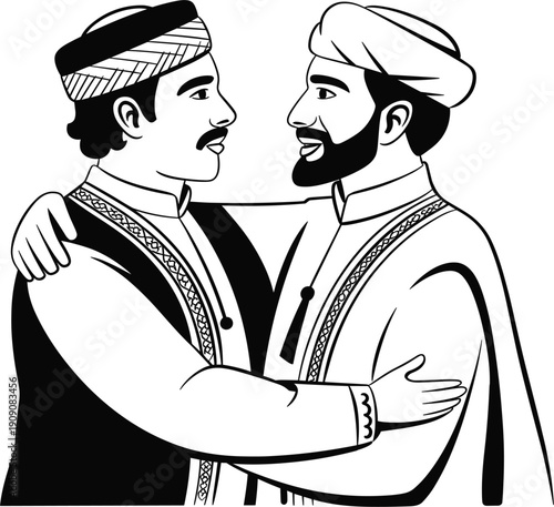 Two Muslim men embracing on Eid al-Fitr holiday, traditional Arabic clothing silhouette vector for Islamic celebration