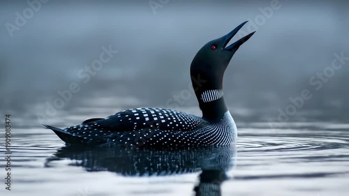 Common Loon Swimming and Calling on a Misty Lake at Dawn