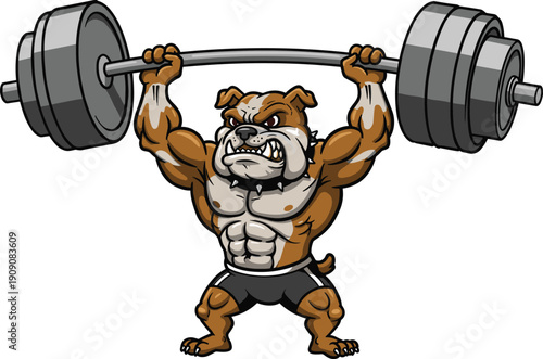 Muscular bulldog illustration, cartoon strong dog, powerlifting mascot, barbell lifting, fitness strength, gym animal, sports character, bodybuilding, determination, workout