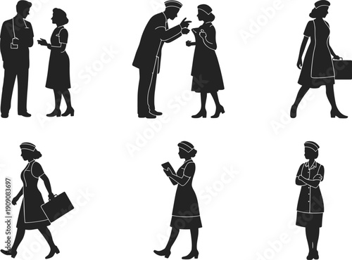 Nurse and doctor silhouettes, medical staff icons, healthcare worker clipart set, hospital team design, medicine outline art, nurse illustration pack, health care graphic collection