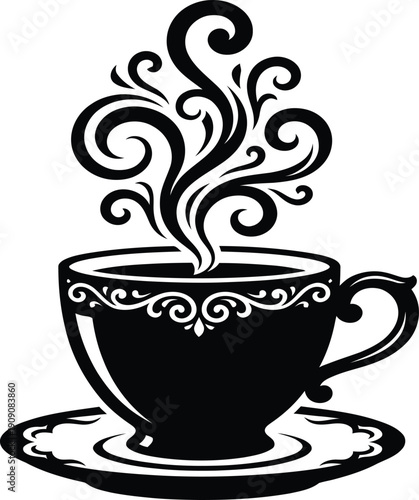 Vintage ornamental coffee cup with decorative floral pattern and elegant steam swirls for premium cafe branding