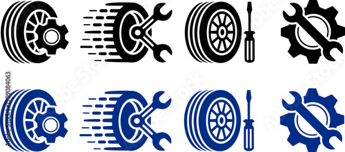 Automotive repair service icons with tire and tools for car maintenance professional workshop and vehicle mechanics