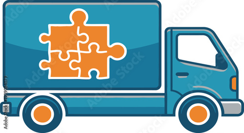 Delivery truck with puzzle piece box, problem solution transport or logistics concept, vector illustration