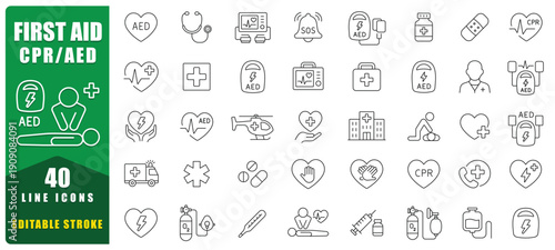 First Aid CPR AED Line Icon Set Featuring Emergency Care, Medical Equipment, Life Saving Actions, And Healthcare Symbols. Ideal For Training, Safety Guides, Apps, And Educational Materials. Vector