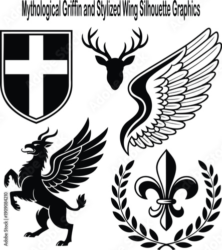 Mythological griffin with heraldic shield, deer head, stylized wing, and fleur de lis emblems