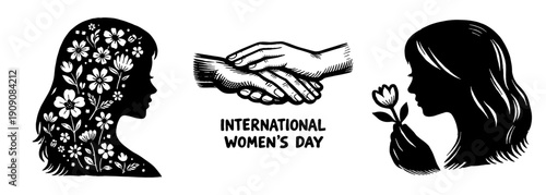 国際女性デーシルエットイラストセット（握手・花を持つ女性・横顔フローラル）、International Women’s Day Silhouette Illustration Set – Handshake, Floral Profile, Woman with Flower