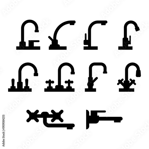 Set of water tap silhouettes, black flat icons of various kitchen and bathroom faucet designs. Vector illustration on white background.