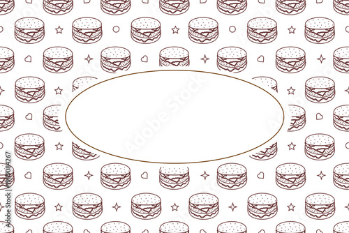 Burger pattern frame background. Seamless doodle hamburger frame background. Doodle burger pattern frame. Fast food doodle frame design.