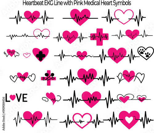 Stylized pink and black heartbeat EKG lines with various medical heart symbols and text