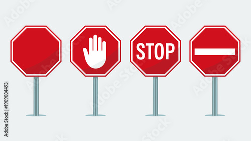 Set of four red stop signs or no entry road signs in various designs, isolated on light background