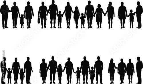 Silhouette of multigenerational family group holding hands, standing together, parents, children, grandparents united, love, connection, community, unity, bonding, togetherness.