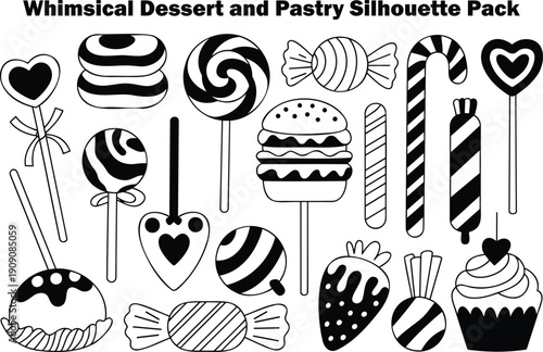 An assortment of whimsical outline desserts and pastries including lollipops, cupcakes, and wrapped candies