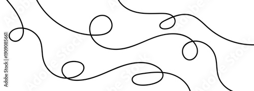 Continuous black squiggle line cable creating abstract wavy vector illustration pattern on white background. Curvy cable thread flowing horizontally with organic squiggle line loops and tangled curve.