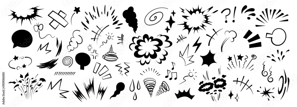 Fototapeta premium Superhero doodle effect, hand-drawn, with dynamic speed lines, a collection of animated cartoon motion elements and an explosive comic burst effect vector illustration.