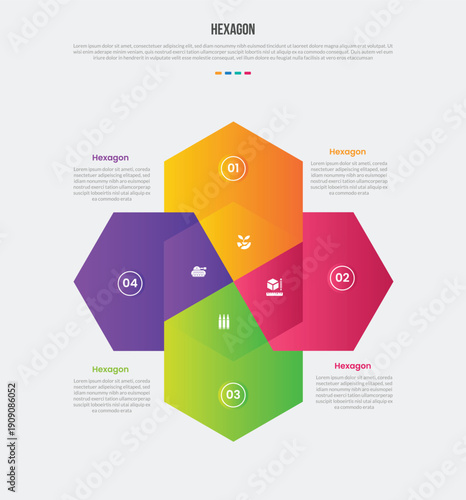 hexagon or hexagonal base shape infographics gradient template diagram with hexagon cycle circular with transparent venn combination with 4 point step creative