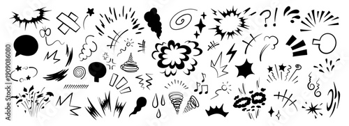 Superhero doodle effect, hand-drawn, with dynamic speed lines, a collection of animated cartoon motion elements and an explosive comic burst effect vector illustration.