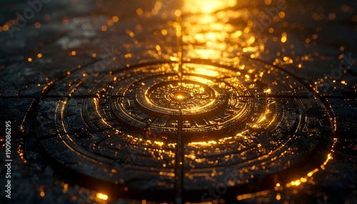 Ancient tradition reimagined through luminous patterns etched in stone textures,