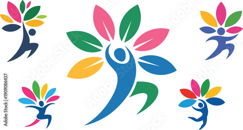 Vibrant human figures forming colorful flowers in dynamic poses