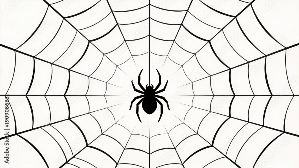 Obraz premium Spider silhouette on geometric web,minimal black and white design,nature pattern,fear and mystery symbolism,halloween concept or abstract animal illustration
