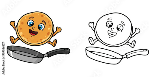 Happy pancake character jumping out of frying pan vector illustration with coloring page outline.