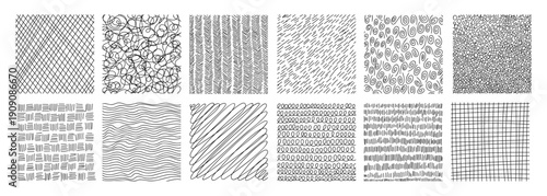 Crosshatch line texture hand drawn shading effects set. Pencil-drawn pattern collection featuring diagonal stripes, dots, and scribbles. Perfect for artistic backgrounds and illustrations