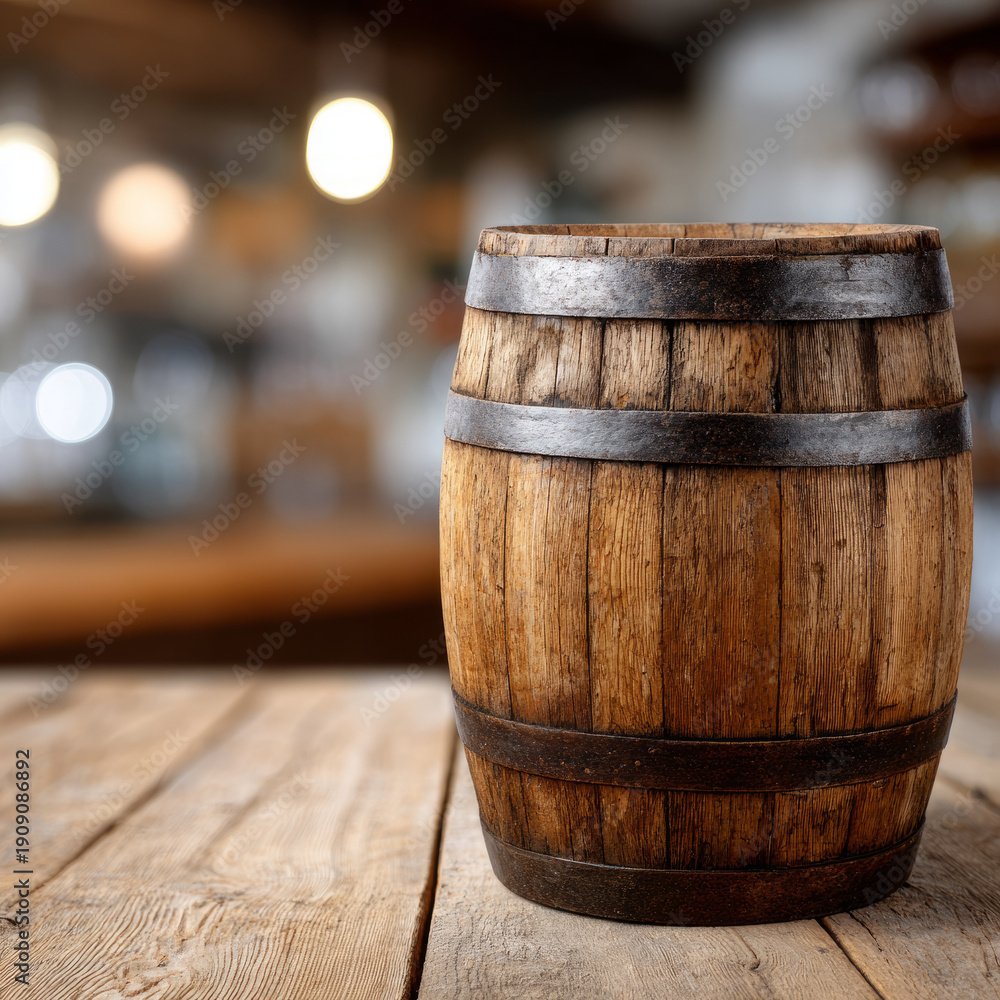 Fototapeta premium Wooden barrel on rustic wooden table in pub setting