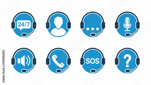 Set of support center icons with headset and various communication symbols for customer service help and assistance