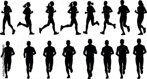 Silhouette of people running and walking in various poses